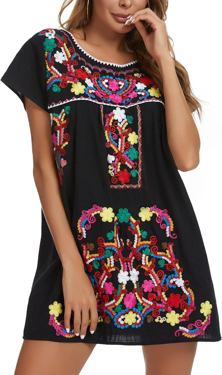 Women Mexican Embroidered Dress Short Sleeve