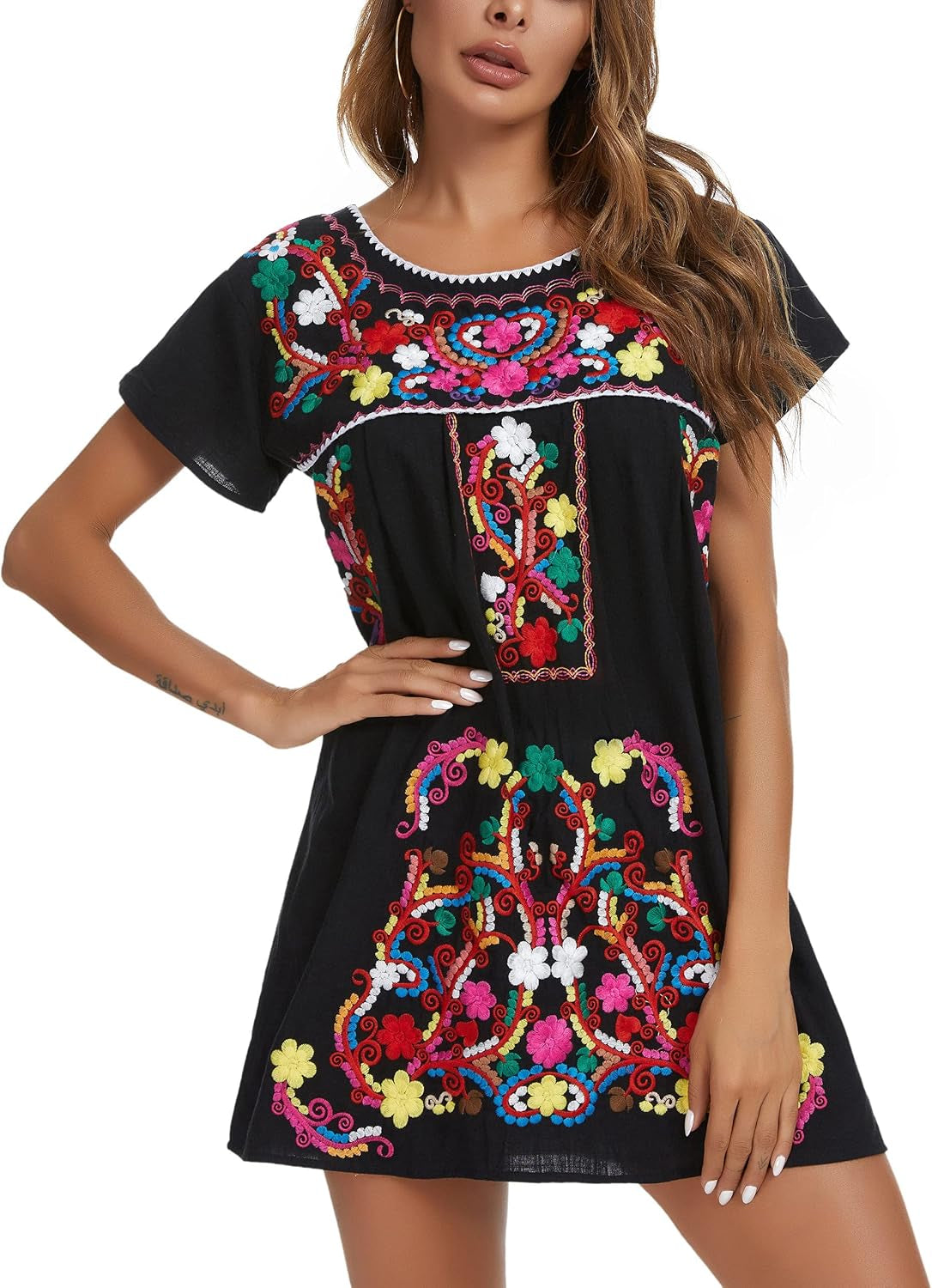 Women Mexican Embroidered Dress Short Sleeve