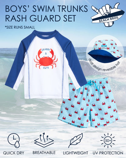 Boys' Rash Guard Set - UPF 50+ Rash Guard Swim Shirt, Bathing Suit, Bucket Hat - Swimwear (2T-7)