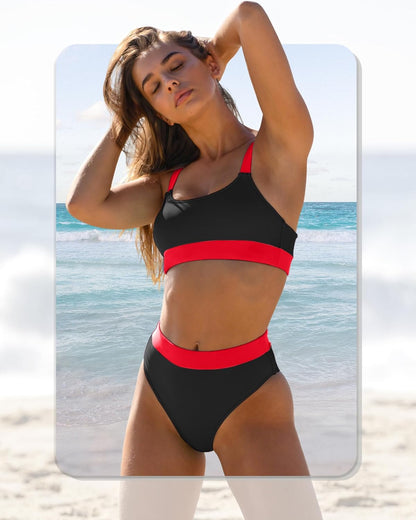 Women High Waisted Bikini Sets Color Block Swimsuits 2 Piece Bathing Suits Tummy Control Sporty Teens