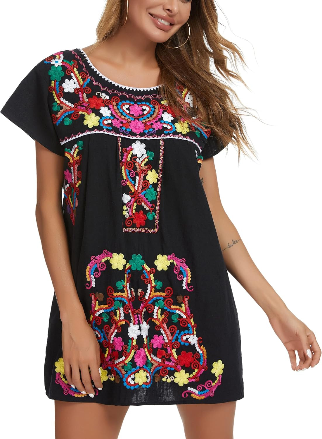 Women Mexican Embroidered Dress Short Sleeve