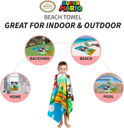 Official Nintendo Super Mario Kids' Ultra Soft Cotton Bath, Pool, and Beach Towel, 58 x 28 Inches