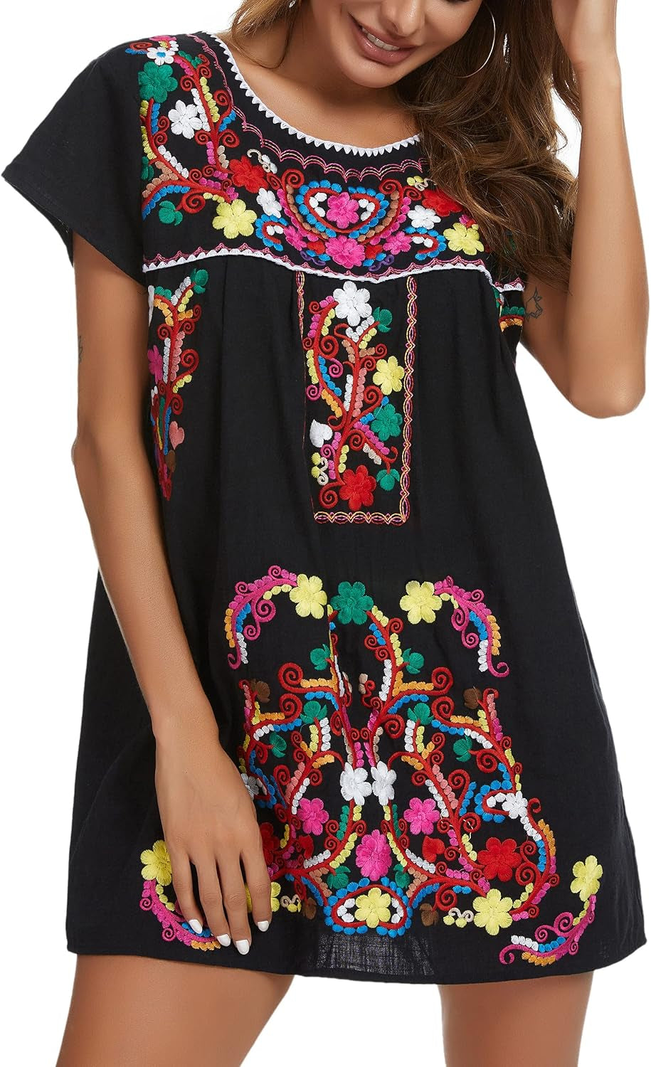 Women Mexican Embroidered Dress Short Sleeve