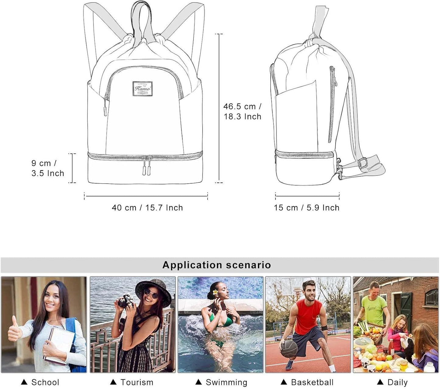 Drawstring Backpack Bag - Sport Swimming Yoga Backpack with Shoe Compartment, Two Water Bottle Holder for Men Women Large String Backpack Athletic Sackpack for Travel