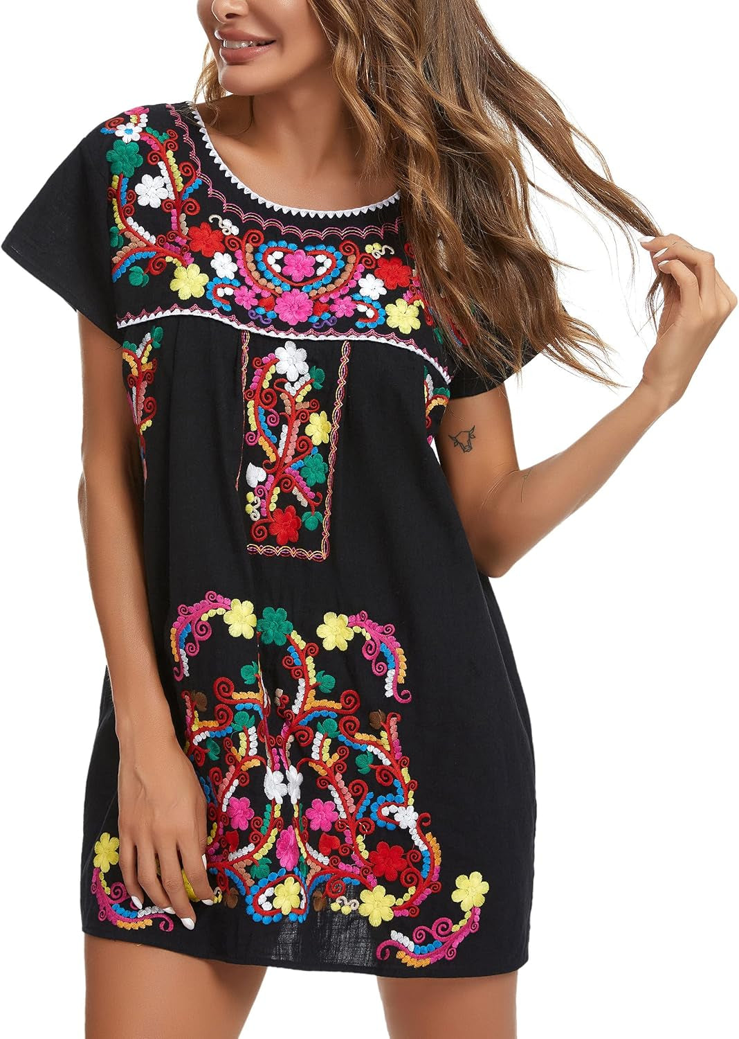 Women Mexican Embroidered Dress Short Sleeve