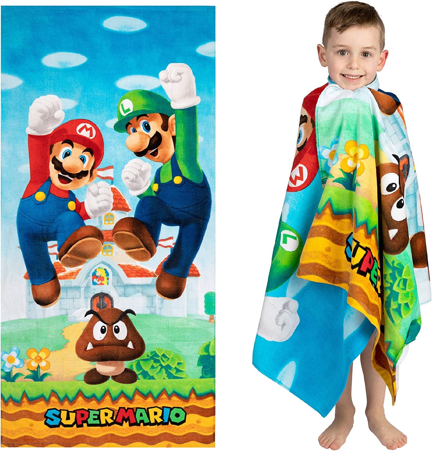 Official Nintendo Super Mario Kids' Ultra Soft Cotton Bath, Pool, and Beach Towel, 58 x 28 Inches