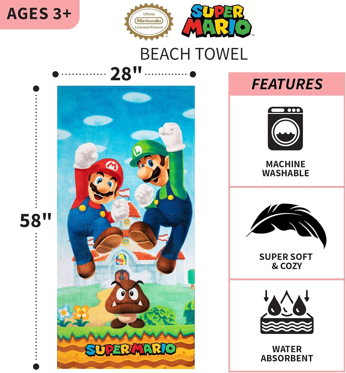 Official Nintendo Super Mario Kids' Ultra Soft Cotton Bath, Pool, and Beach Towel, 58 x 28 Inches