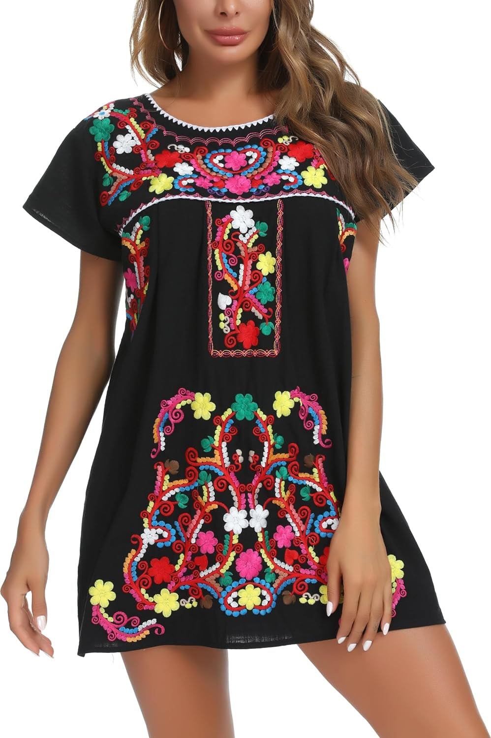 Women Mexican Embroidered Dress Short Sleeve