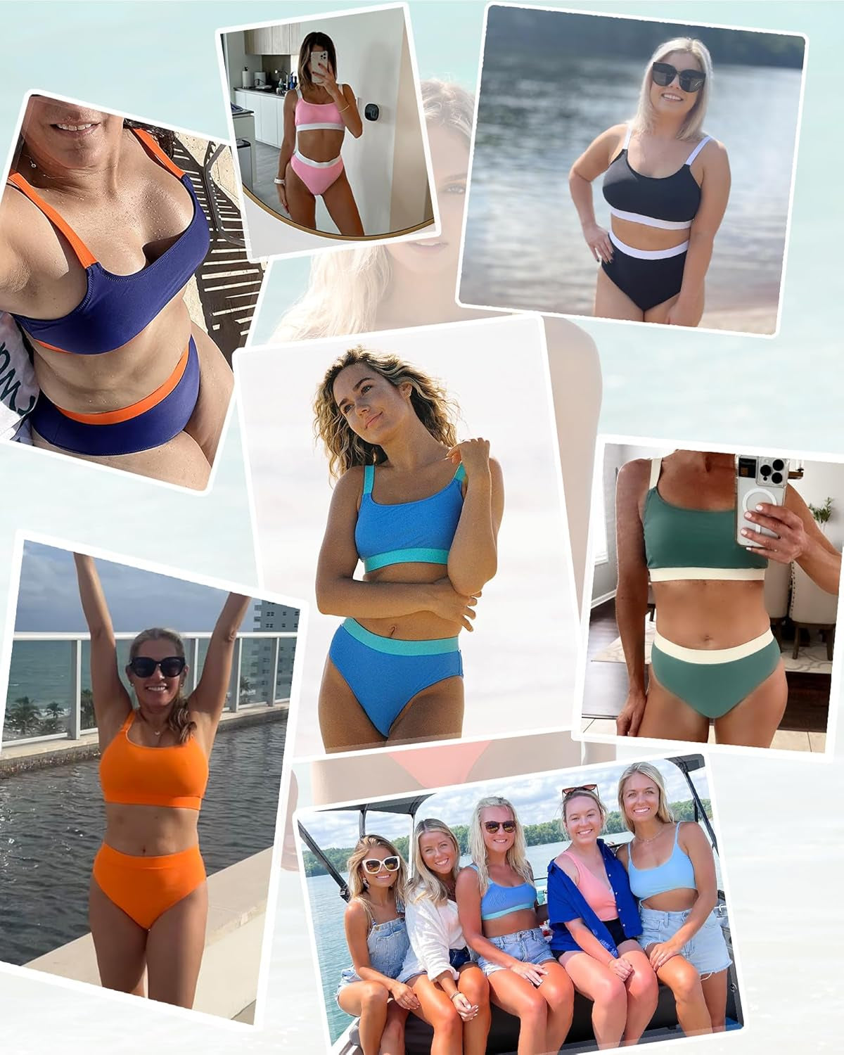 Women High Waisted Bikini Sets Color Block Swimsuits 2 Piece Bathing Suits Tummy Control Sporty Teens