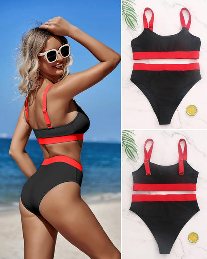 Women High Waisted Bikini Sets Color Block Swimsuits 2 Piece Bathing Suits Tummy Control Sporty Teens