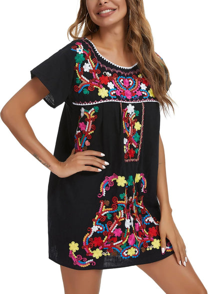 Women Mexican Embroidered Dress Short Sleeve