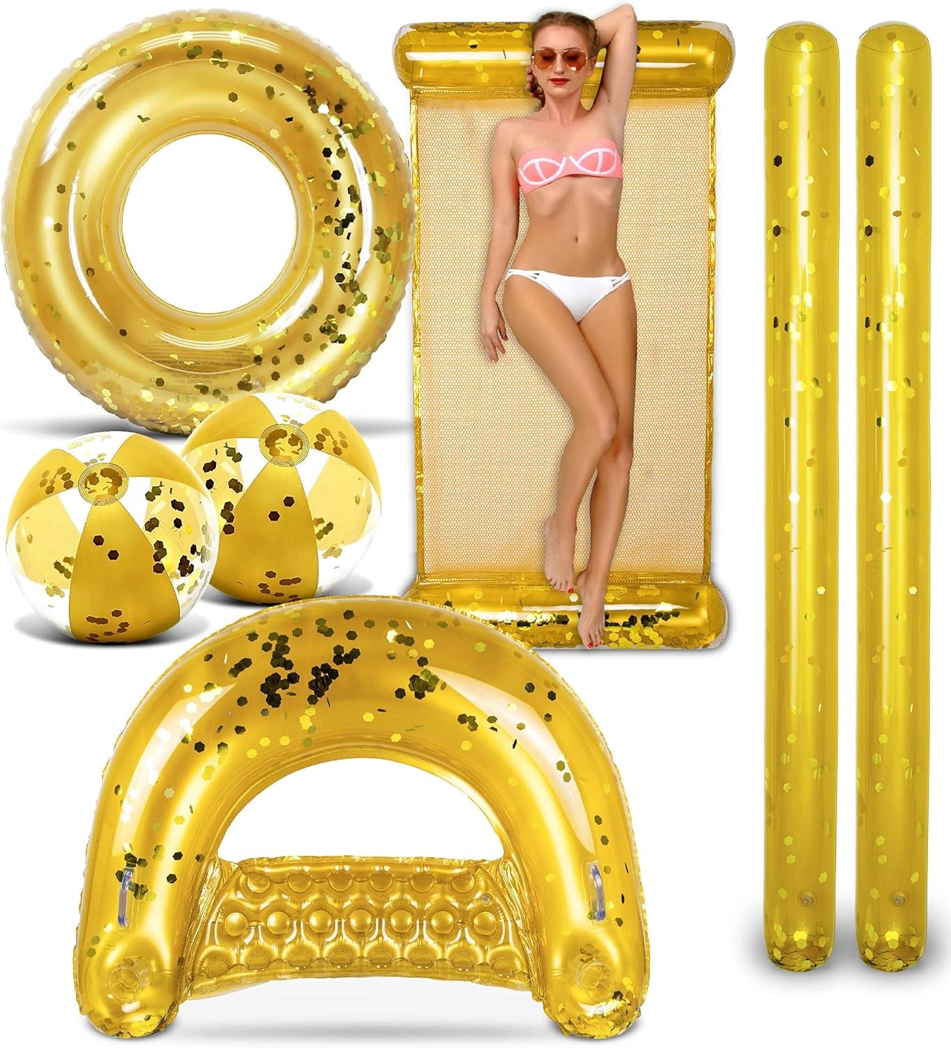 Inflatable Full House Bundle - Premium Luxurious Sparkle Confetti 36" Pool Float Tube, 16" Beach Balls, 74" Pool Noodles, 48" Pool Chair, and 56" Water Hammock - 7 Pieces Pack