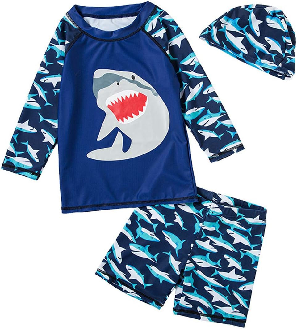 Baby Toddler Boys Two Pieces Swimsuit Set Long Sleeve Shark Bathing Suit Rash Guards Swimwear with Hat UPF 50+